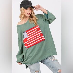 Green Oversized Top with Flag Design